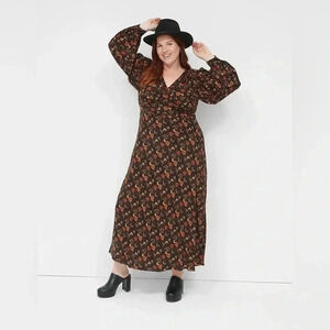 Lane Bryant Midi Dress Long Sleeve Floral V Neck Cottage Boho Whimsigoth 18